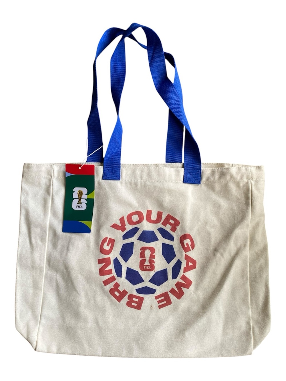 FIFA Canvas Tote Bag in White with Blue Handles